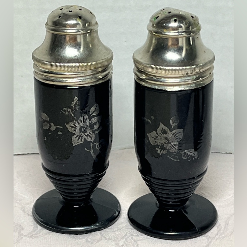 Vintage LE Smith Black Amethyst Salt and Pepper with Sterling Silver inlay